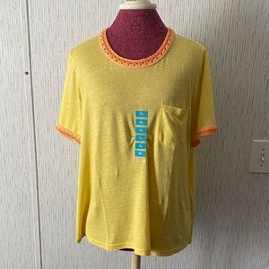 Joseph A. Crochet Yellow T-Shirt with Orange Crochet Trim Size XL Front Pocket